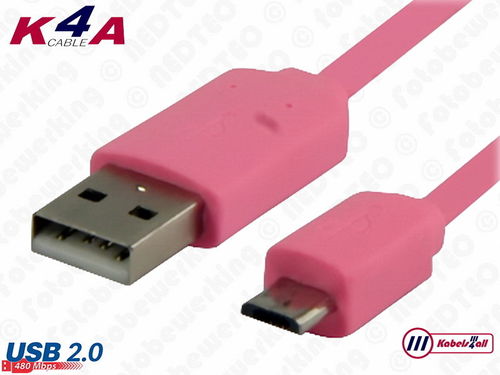 USB-2.0 Laad en Data kabel A naar Micro B 1,00 meter roze