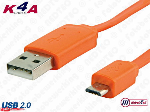 USB-2.0 Laad en Data kabel A naar Micro B 1,00 meter oranje